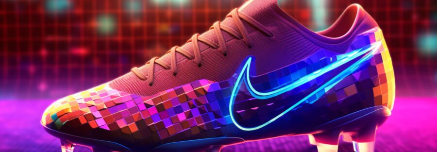 crypto news nike football boots front side view blurry blockchain background hologram low poly styl