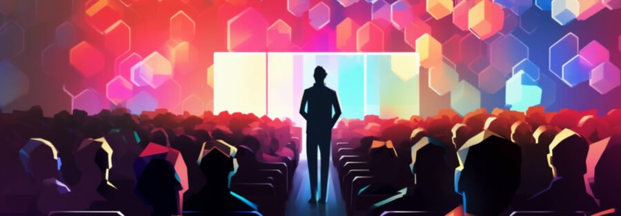 crypto news speaker says on the crypto conference blurry background bright neon colores low poly style